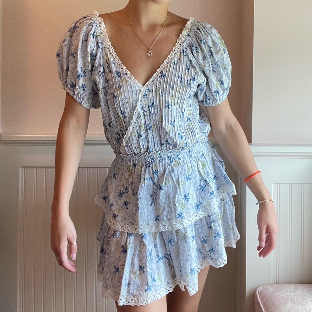 DEAR HANNAH Women’s Sky to Moon Blue Preppy Floral Sun Dress Size Small